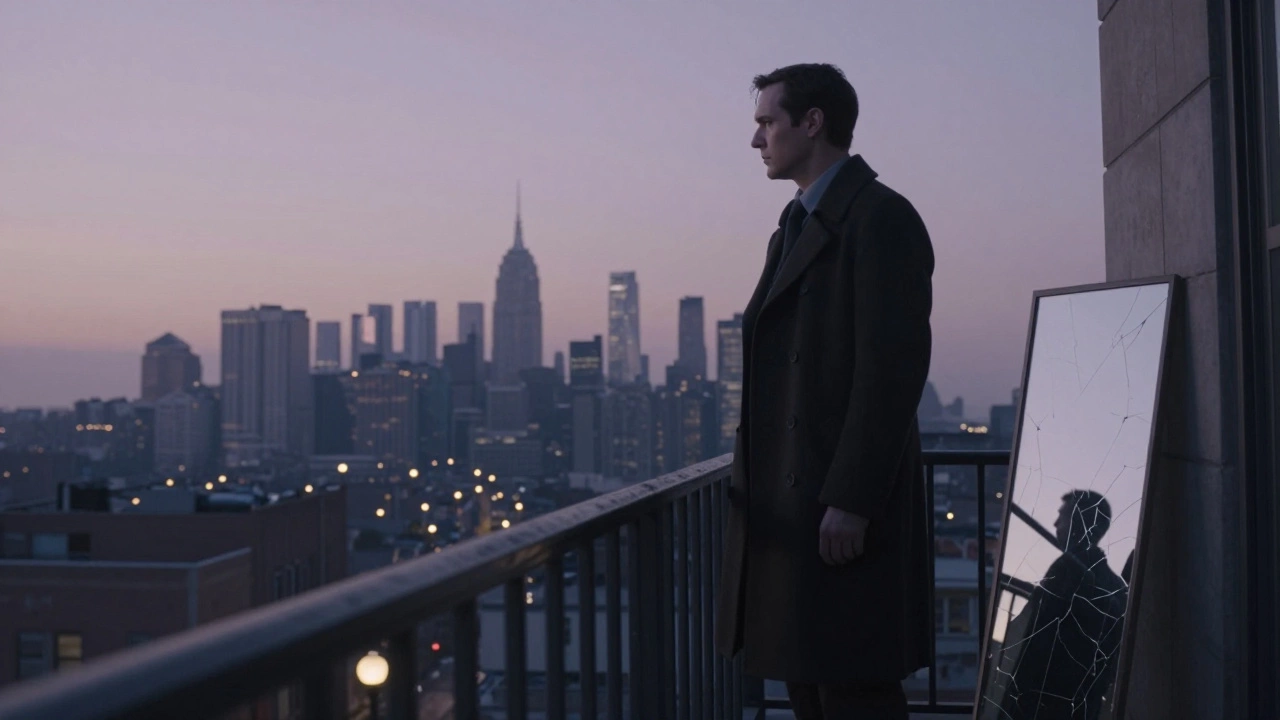 A lone figure on a balcony watches the city wake, a cracked mirror beside him.