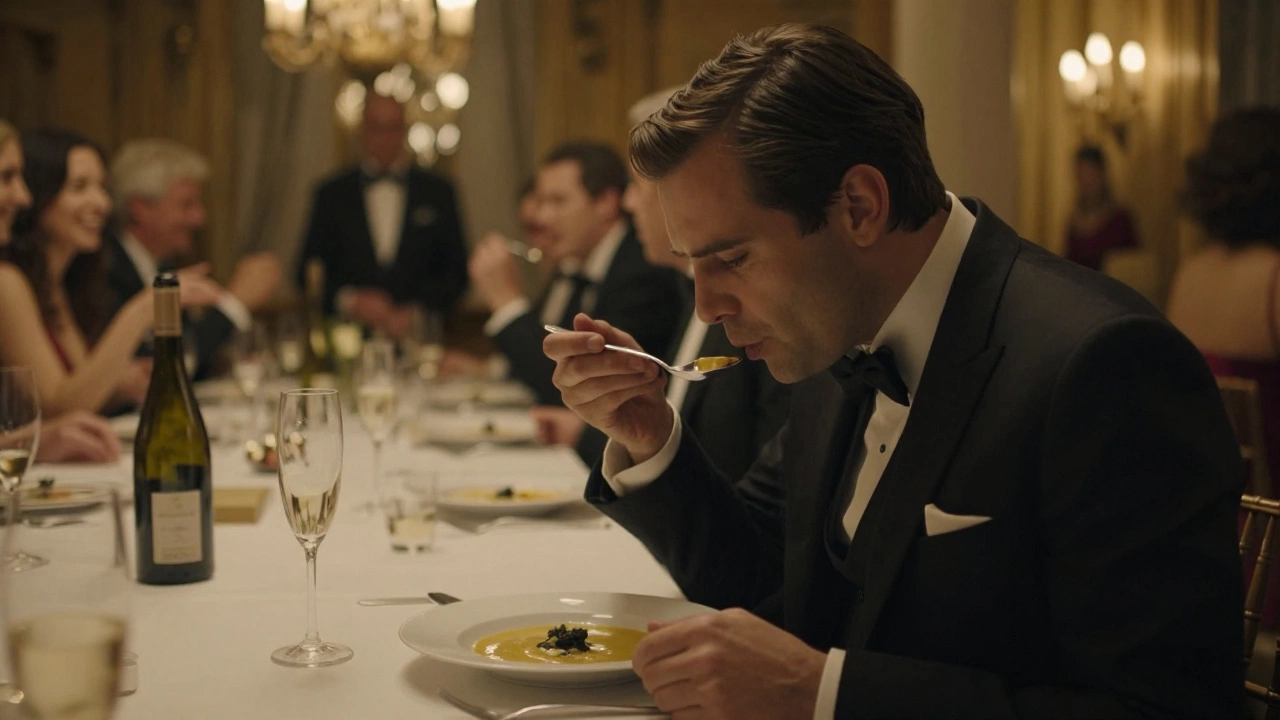 A man sits at a grand banquet table, ignored by guests, quietly eating soup.