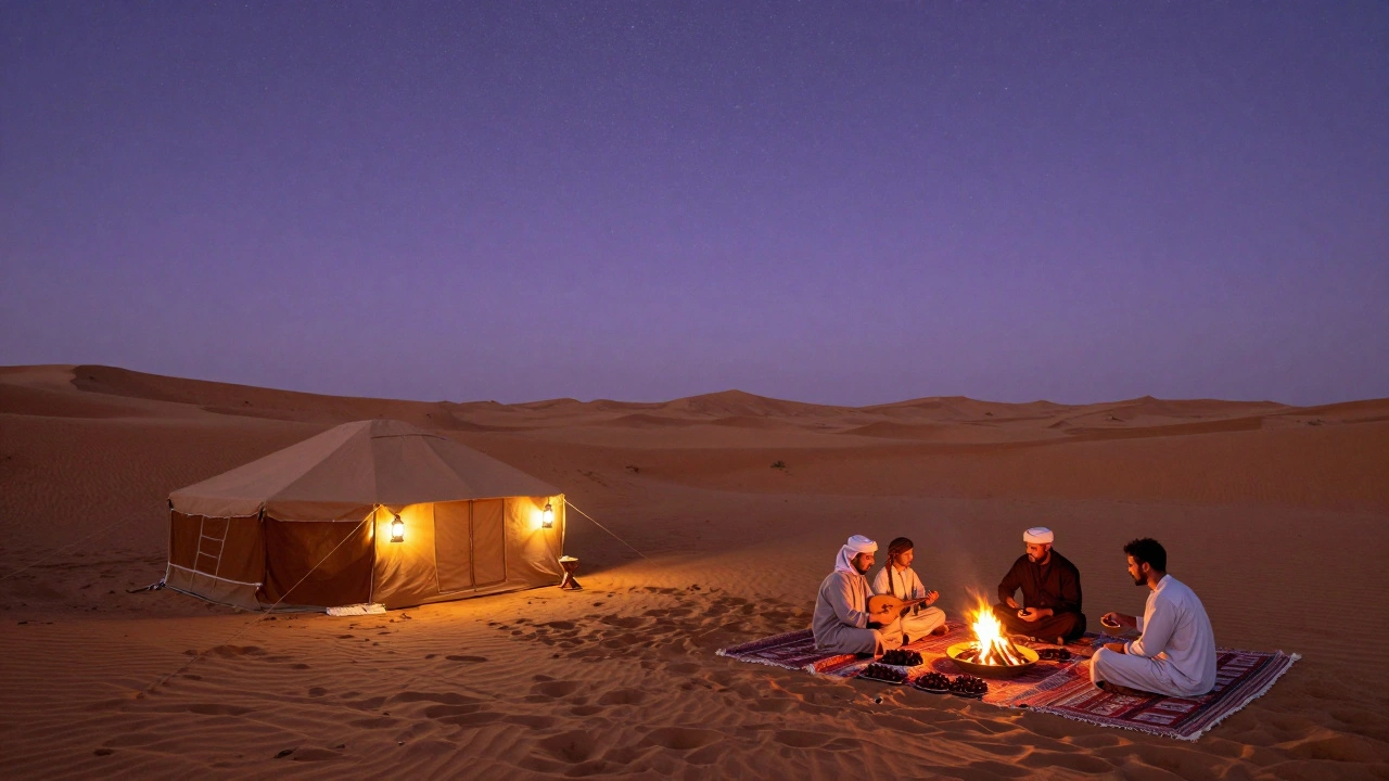 Desert camp at twilight with lanterns, dunes, and Bedouin hospitality under starry sky.