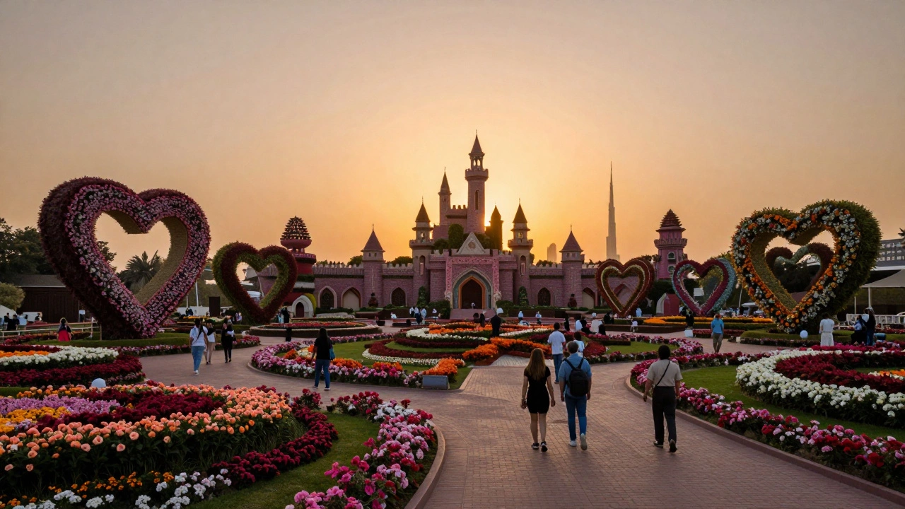Vibrant flower garden shaped like hearts and castles under golden sunset light.